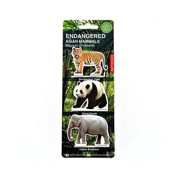 アジア生息の絶滅危惧種動物がプリントされた、マグネット式ブックマーク