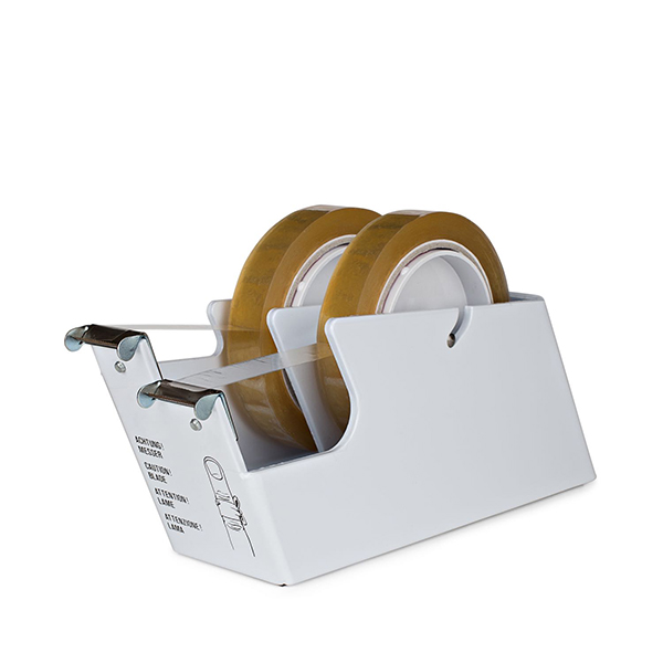 異なる素材、幅のテープを2種類セットすることができる重厚なダブルテープディスペンサー。