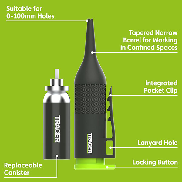 プッシュするだけで最長100mmの深さまでマーキングが可能なスプレー式ディープホールマーキングツール。