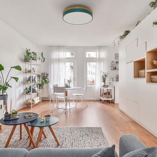 北欧カラーに天然木を組み合わせた、広い空間を照らすLED内臓型シーリングライト。