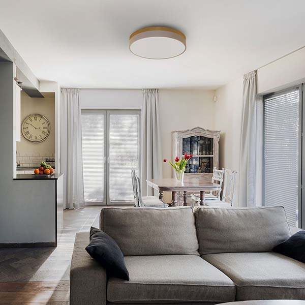 北欧カラーに天然木を組み合わせた、広い空間を照らすLED内臓型シーリングライト。