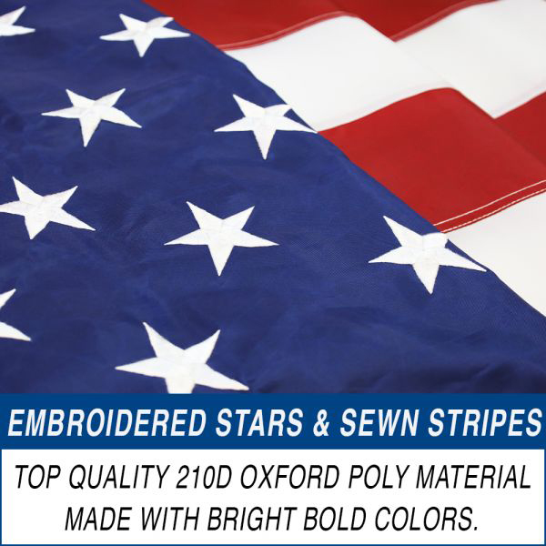 刺繍された星と、ステッチ入りの縞で高級感のある大型フラッグです。