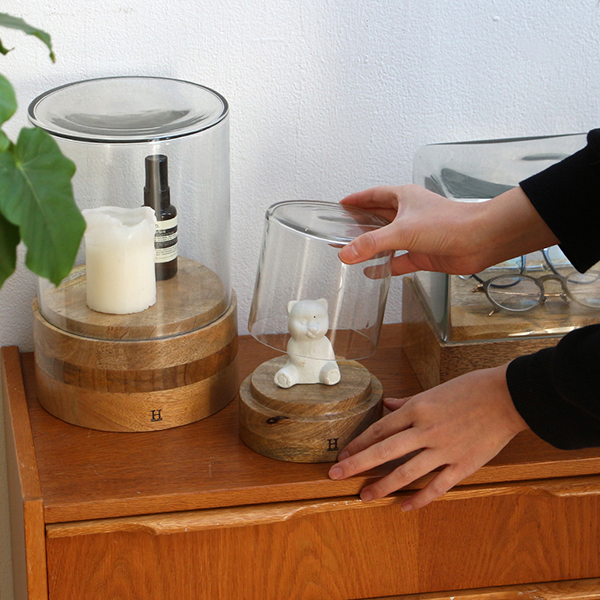 マンゴーウッドの天然木を土台に合わせたガラスディスプレイケース。