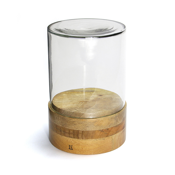 マンゴーウッドの天然木を土台に合わせたガラスディスプレイケース。