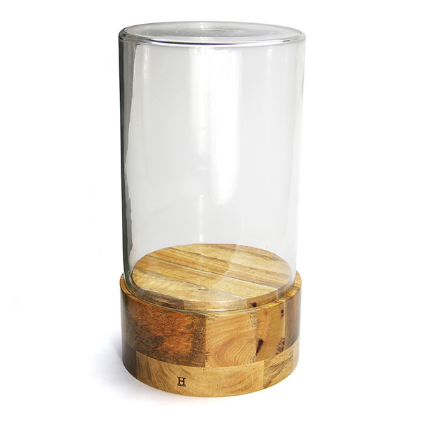 マンゴーウッドの天然木を土台に合わせたガラスディスプレイケース。