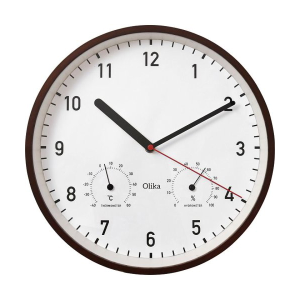 温度計・湿度計の機能性を持ち合わせたWOODフレームのウォールクロック。