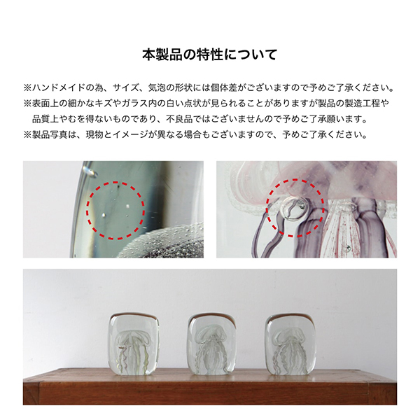 四角い水の中に１匹のクラゲが浮遊しているかのようなガラス製オブジェ。