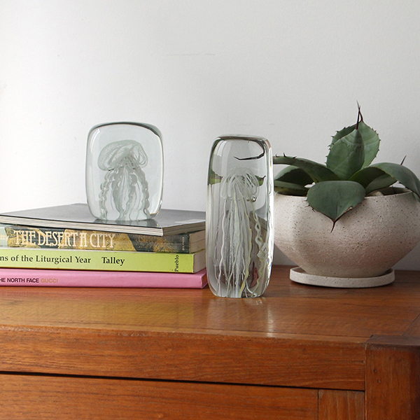 四角い水の中に１匹のクラゲが浮遊しているかのようなガラス製オブジェ。