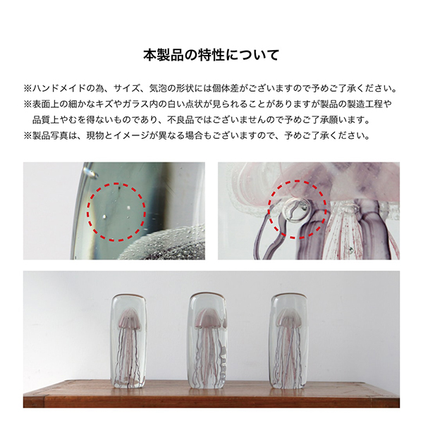 四角い水の中に１匹のクラゲが浮遊しているかのようなガラス製オブジェ。