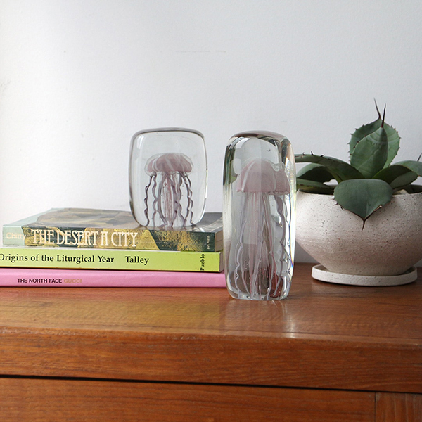 四角い水の中に１匹のクラゲが浮遊しているかのようなガラス製オブジェ。