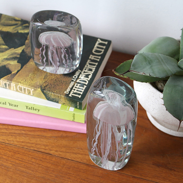 四角い水の中に１匹のクラゲが浮遊しているかのようなガラス製オブジェ。