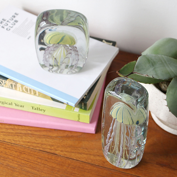 四角い水の中に１匹のクラゲが浮遊しているかのようなガラス製オブジェ。