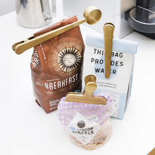 真鍮メッキ仕上げのステンレススチール製バッグクリップ3種セット。