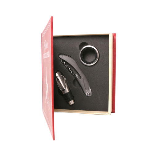 コルクスクリュー、ポアラー、クーラーがセットになった、ワインブックのようなサーブセット。