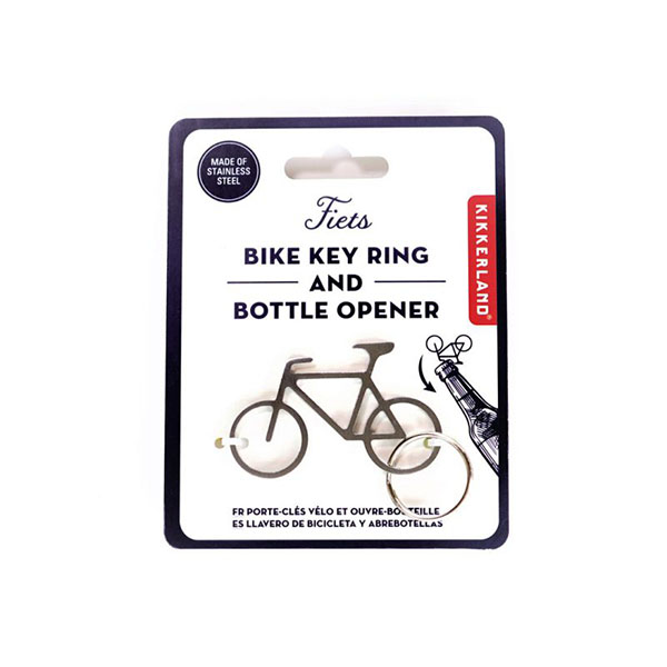 自転車モチーフのキーリング付きボトルオープナー。