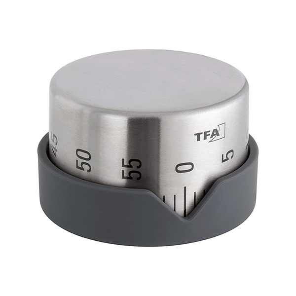 ステンレスボディのアナログキッチンタイマー。