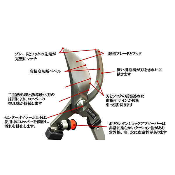 樹木の剪定用プロ向け太枝ばさみ。