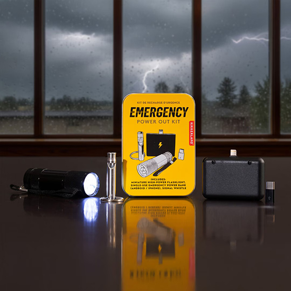 ミニ高出力懐中電灯、使い捨てパワーバンク、信号用ホイッスルのパワーアウトキット。