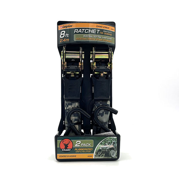 素早く固定が可能なカムバックル式タイダウンベルト。